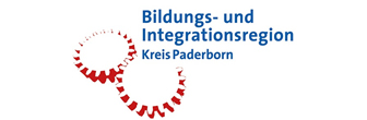 Logo der Bildungs- und Integrationsregion Kreis Paderborn. Auf dem Logo sind zwei Zahnräder. Die roten Zähne der Zahnräder greifen ineinander.