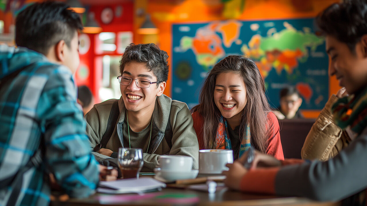 Vier Studierende sitzen in lockerer Atmosphäre zusammen