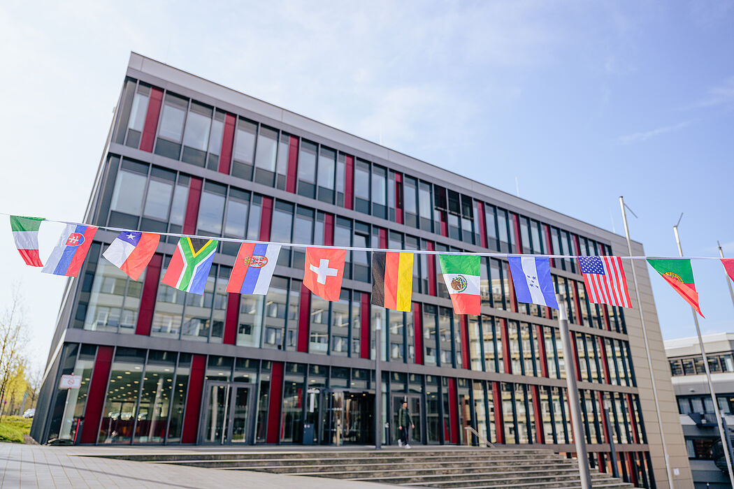 Different country flags in front of a university building