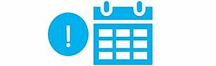 blauer Kalender, links daneben weißes Ausrufezeichen auf blauem Grund in einem Kreis