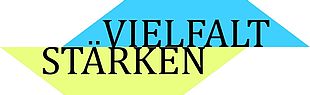 Logo Vielfalt stärken. Vielfalt steht auf einem blauen Dreieck und Stärken auf einem gelben darunter. 