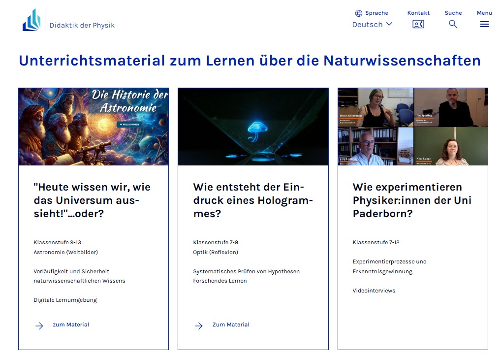 Screenshot der Seite "Unterrichtsmaterial zum Lernen über die Naturwissenschaften"