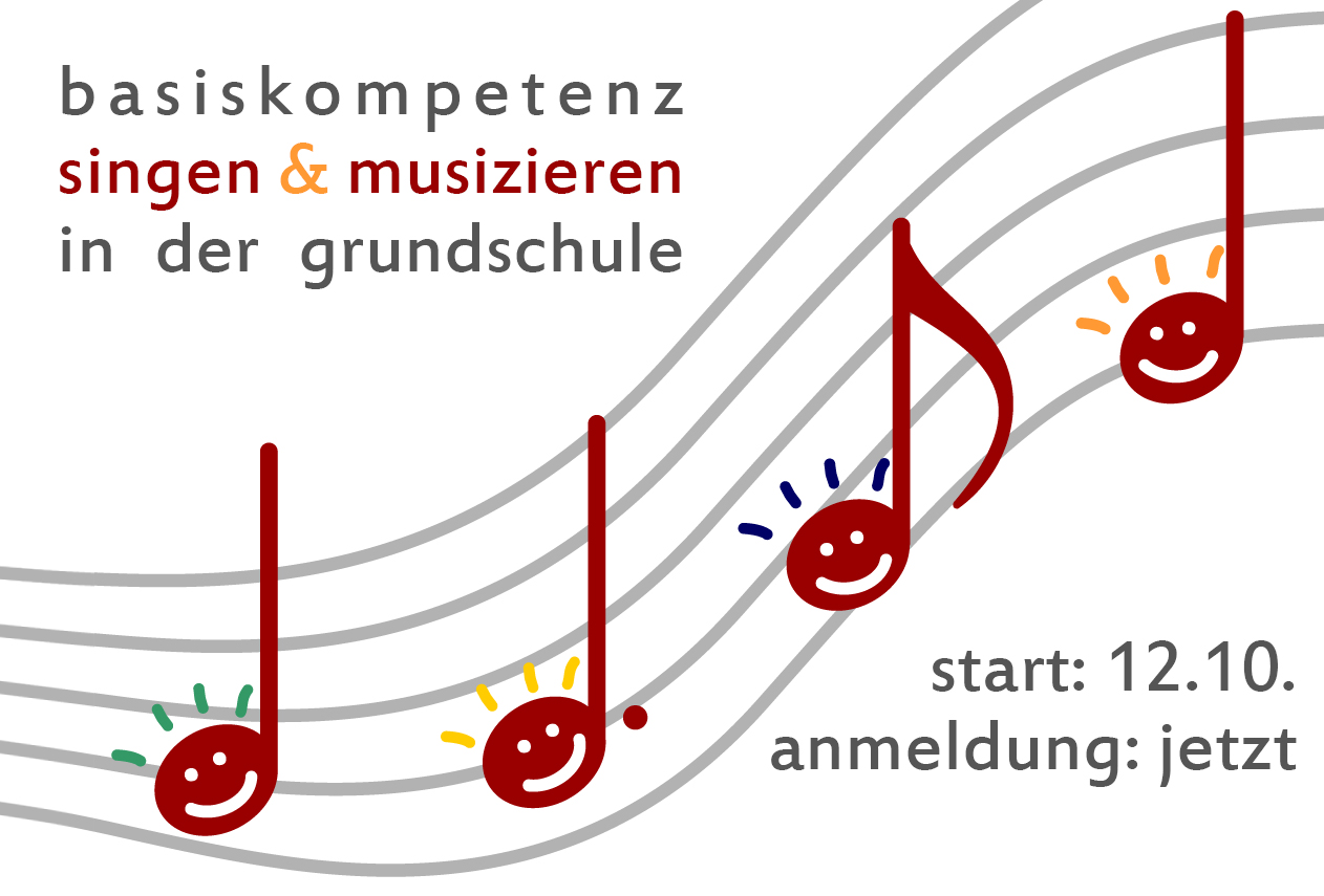 Logo des Peojekts Basiskompetenz Stimme und Singen mit Kindern. Es zeigt eine geschwungene Notenlinie mit Notenschlüsseln die lächelnde Smileys beinhalten.