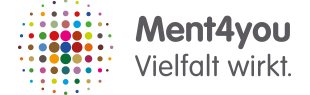 Logo des Projekts Ment4you Vielfalt wirkt. Auf der linken Seite befinden sich bunte Punkte in einem Kreis angeordnet, die von innen nach außen kleiner werden.