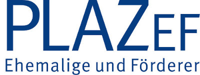 Die Grafik zeigt den Schriftzug PLAZEF Ehemalige und Förderer in blauen Lettern